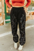 Lucky & Blessed - Plus Black Boot Stitch Printed Elastic Waist Jogger Pants