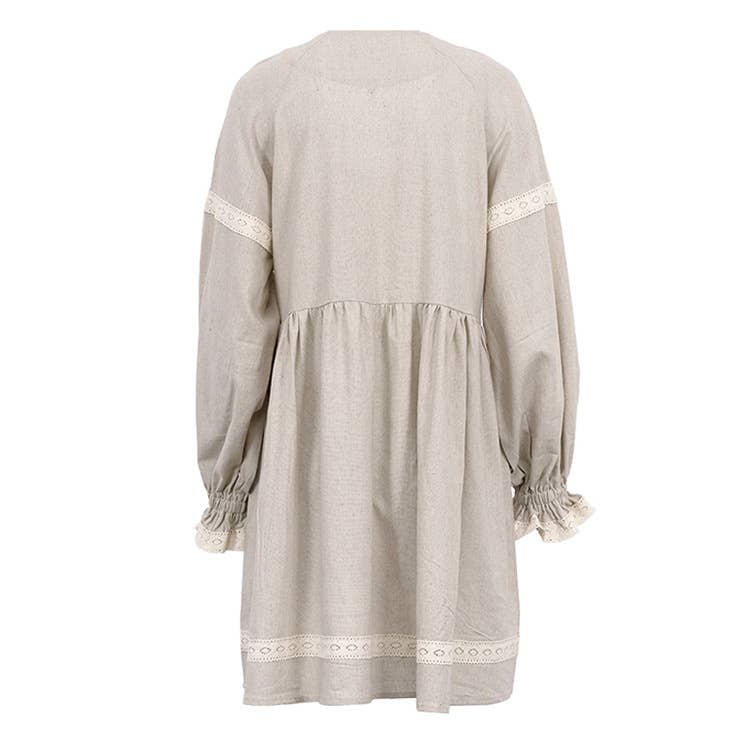 Cotton linen French V-neck lantern sleeve dress