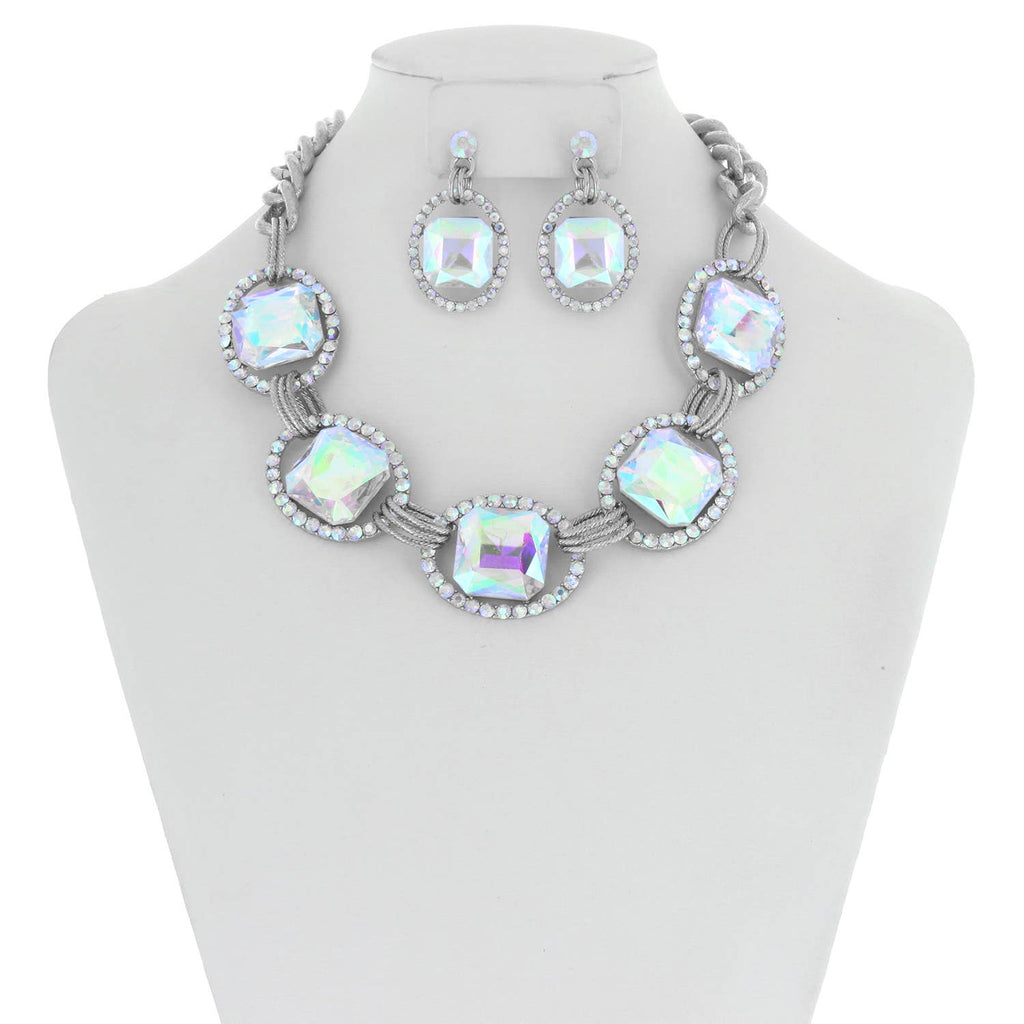 Chunky Oval Rhinestone Gem Link Necklace Set