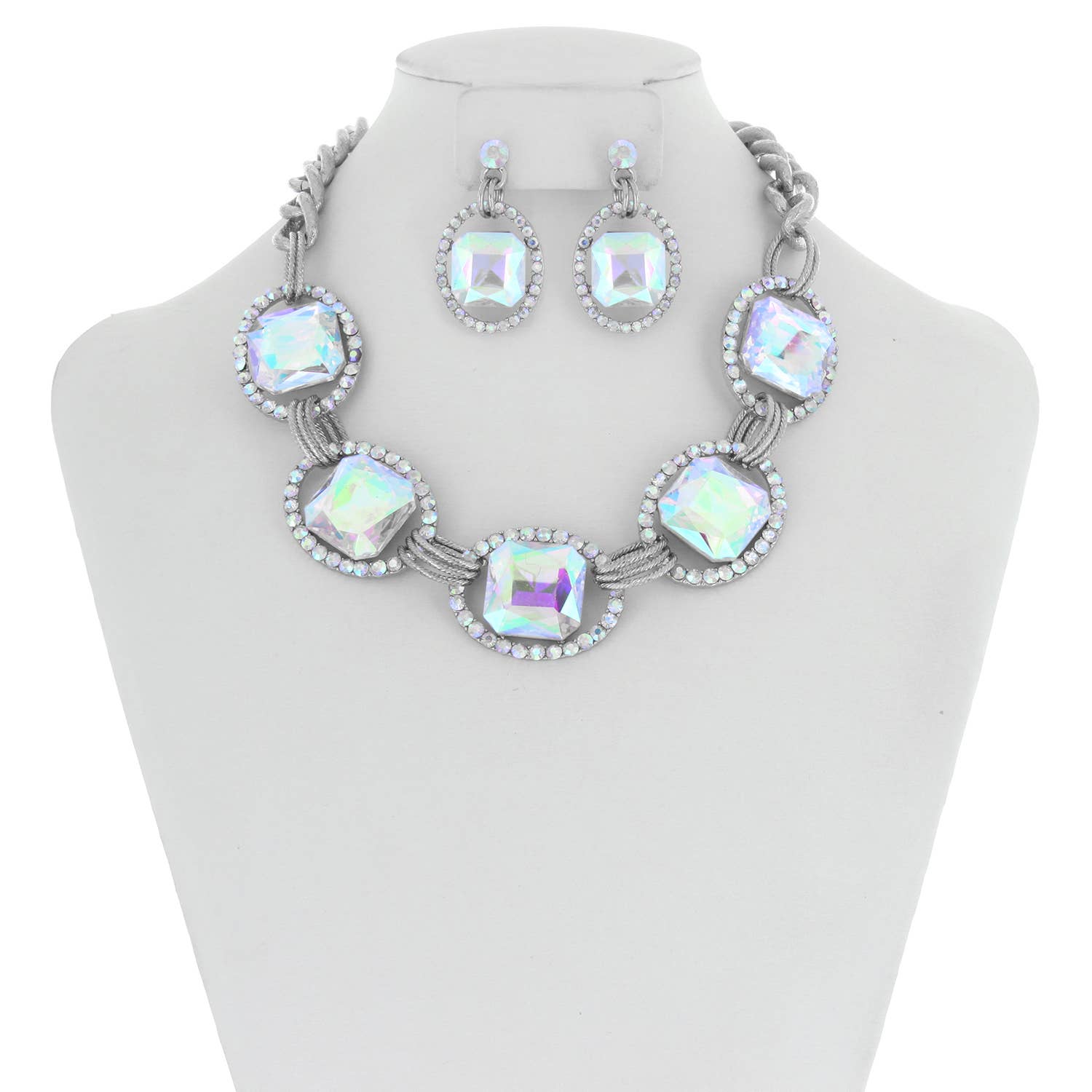 Chunky Oval Rhinestone Gem Link Necklace Set