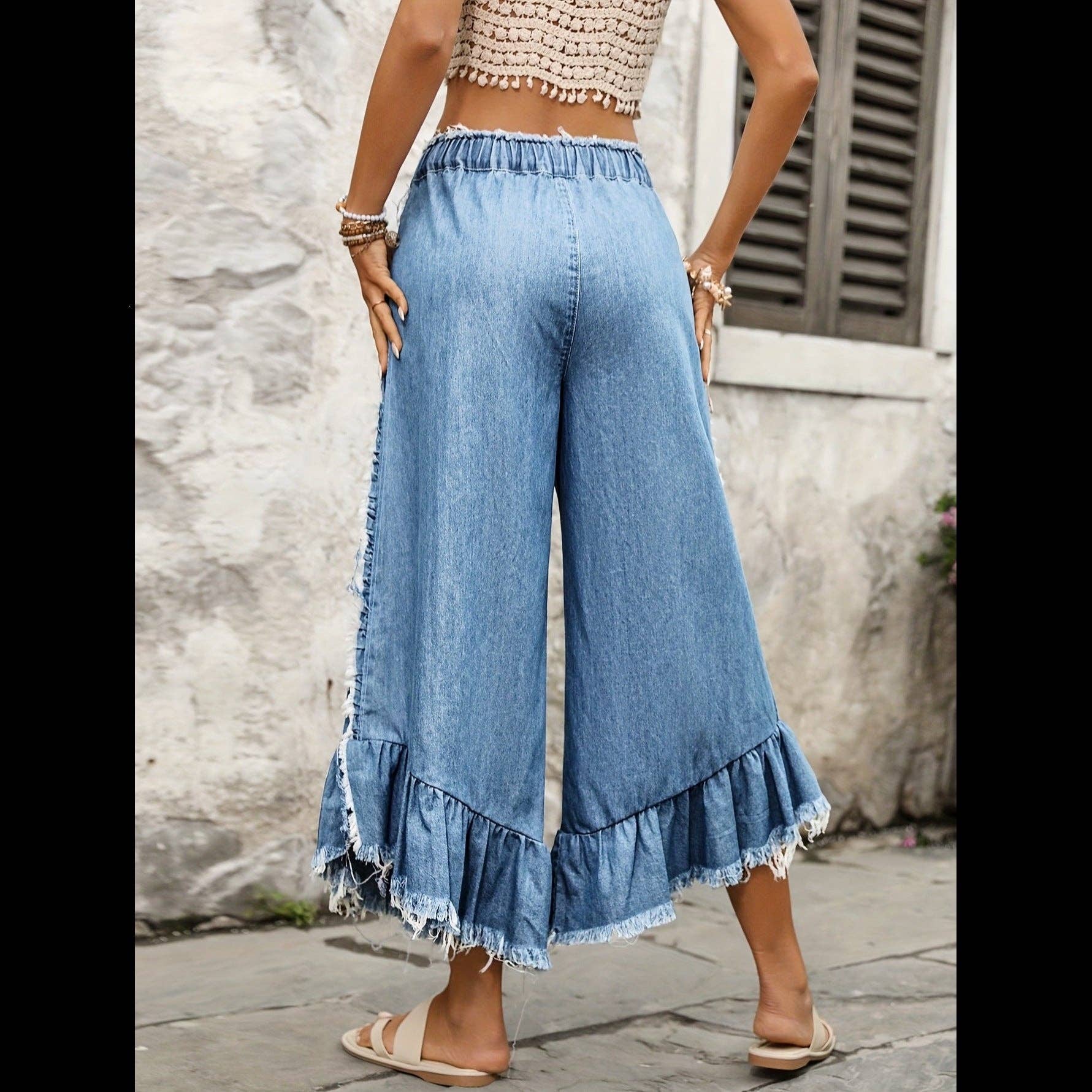 Women's Tie Drawstring Elastic Waist Wide Leg Jeans