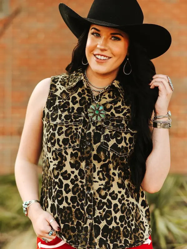 Lucky & Blessed - Leopard Denim Mineral Wash Sleeveless Pearl Snap Top