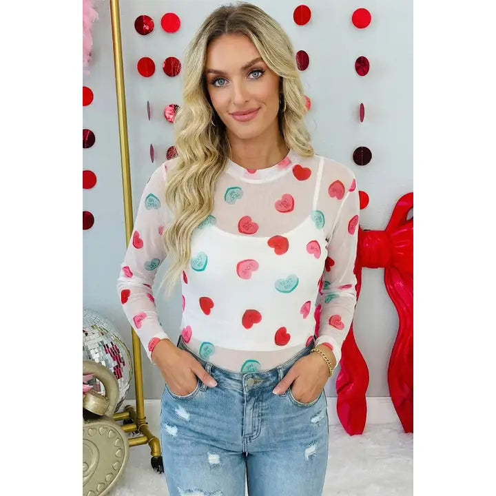 Sheer Mesh Valentines Slogan Heart Printed Long Sleeve Top