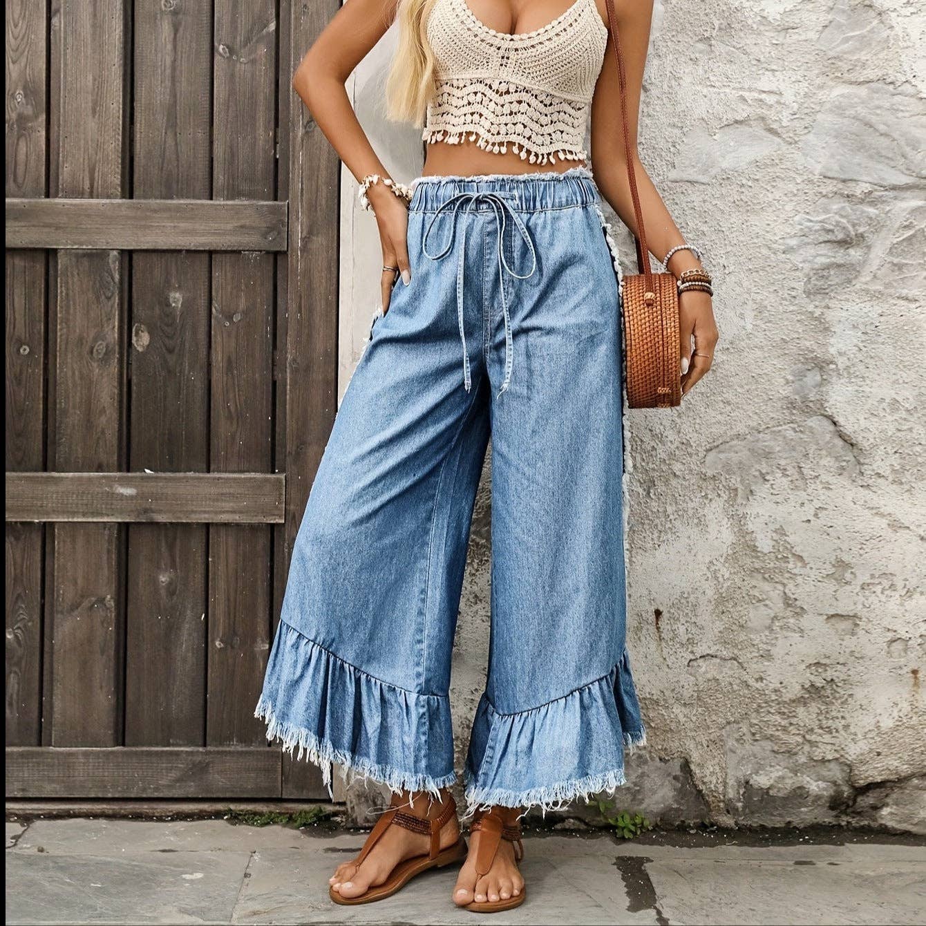 Women's Tie Drawstring Elastic Waist Wide Leg Jeans