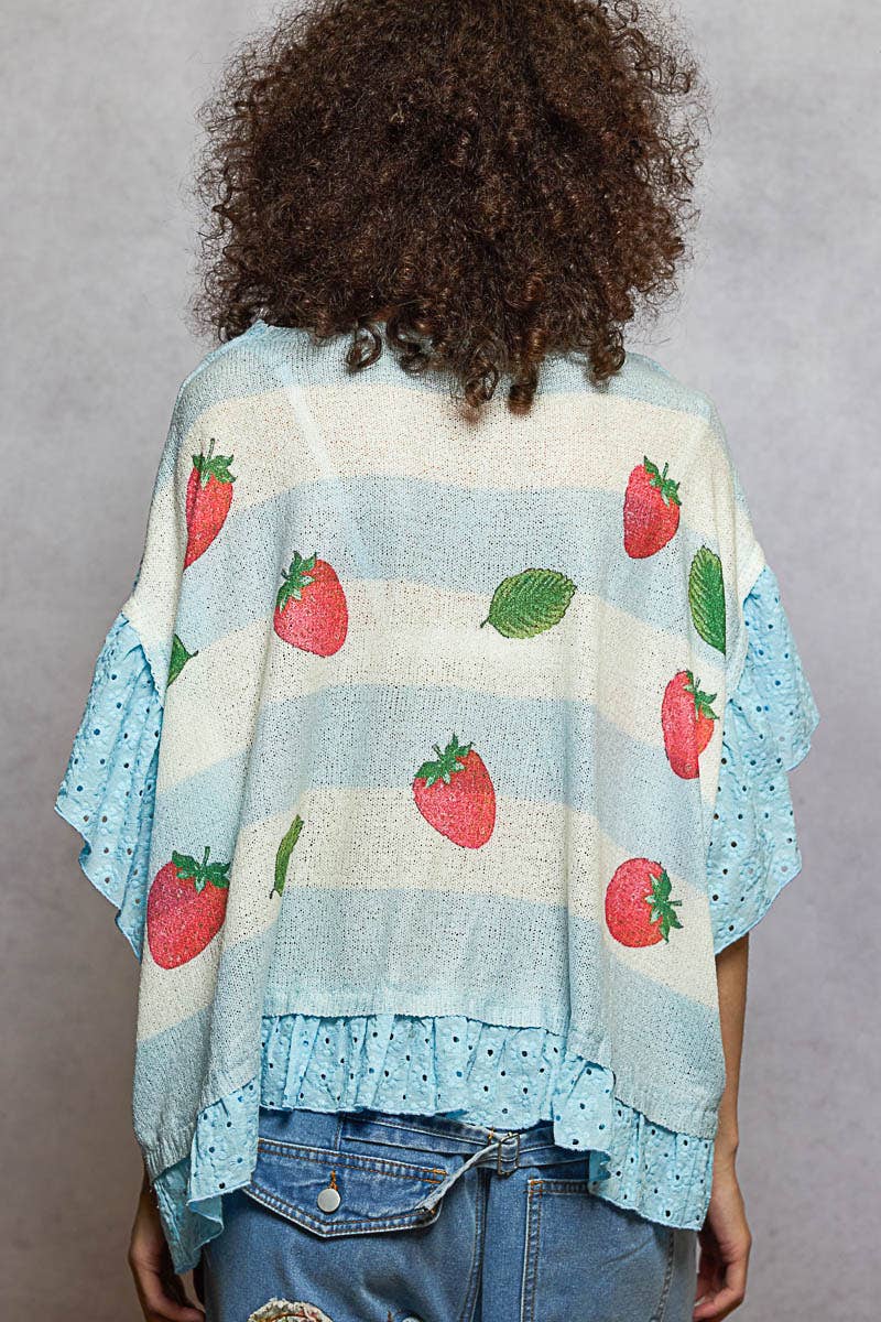 Round Neck Short Sleeve Strawberry Print Ruffle Sweater Top