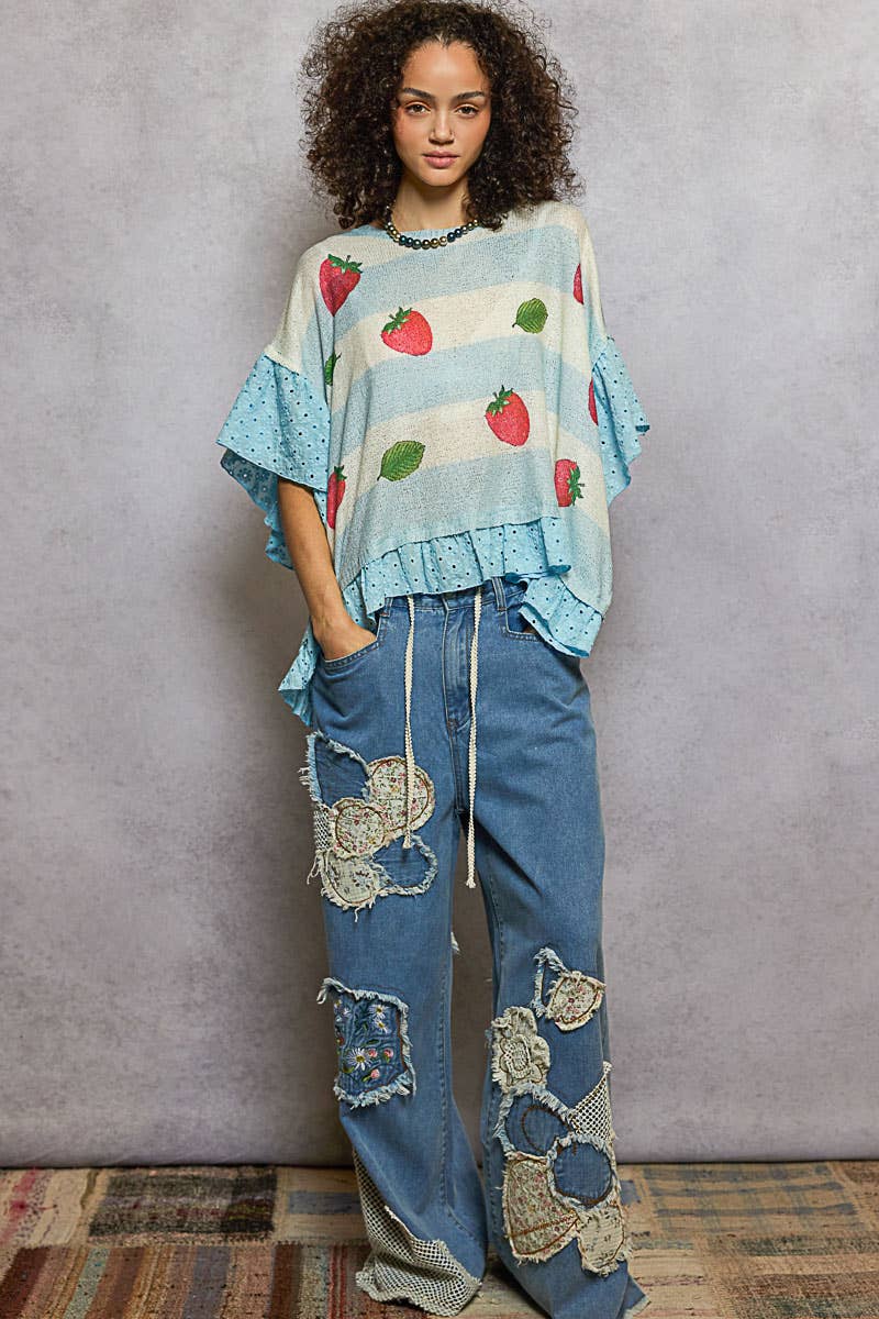 Round Neck Short Sleeve Strawberry Print Ruffle Sweater Top