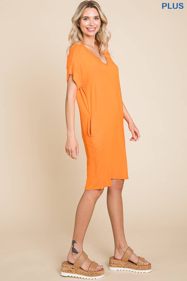 PLUS SIZE RELAXED V NECK ROLL OVER SLV T-SHIRT DRESS