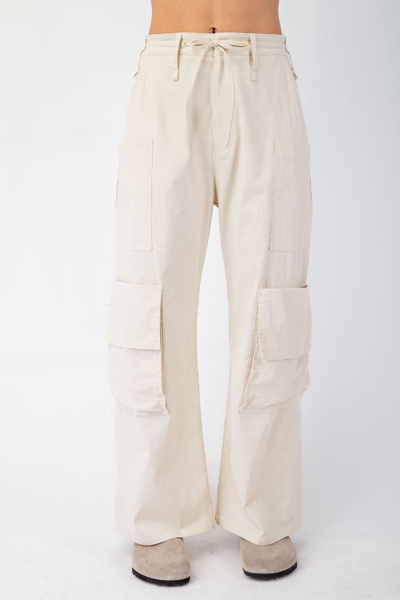 Easel -  Poly Linen Cargo Wide Pants
