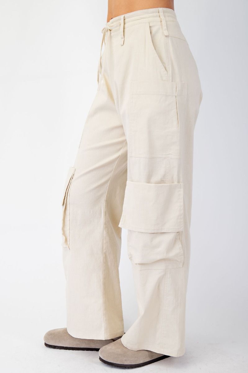 Easel -  Poly Linen Cargo Wide Pants