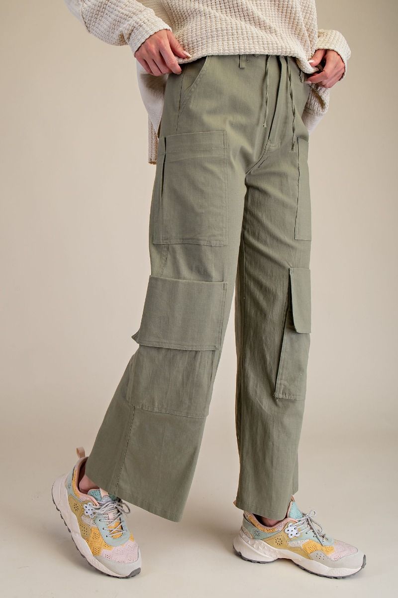 Easel -  Poly Linen Cargo Wide Pants