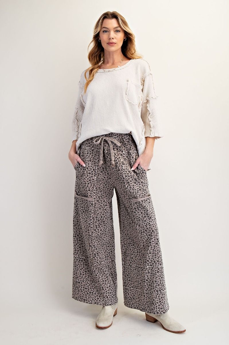 Easel -  Animal Print Mineral Washed Terry Knit Lounge Pants