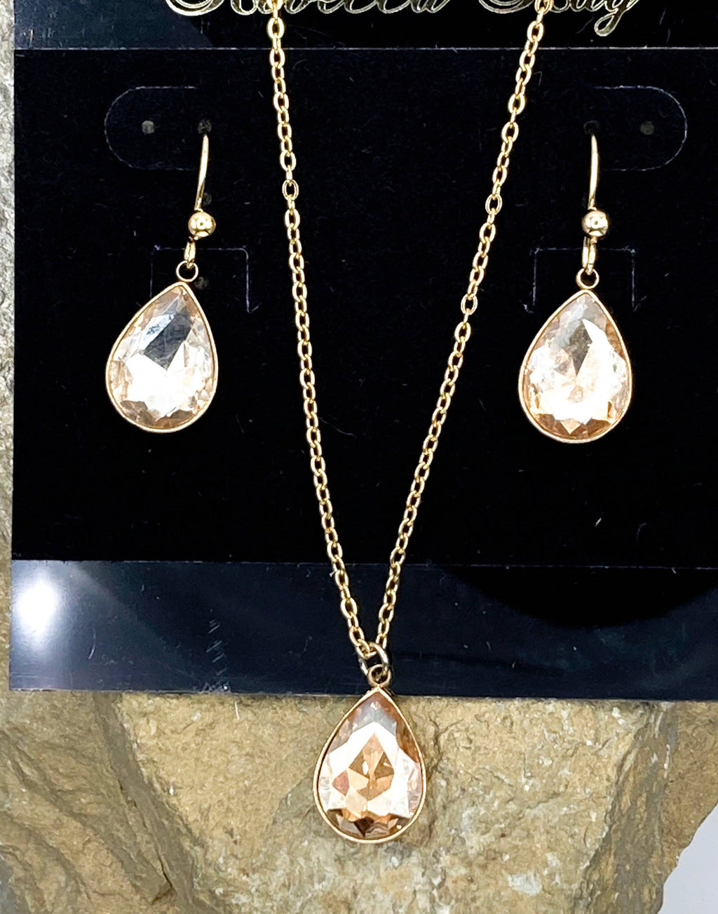 Gold Necklace/ Earring Set with Crystal Teardrops
