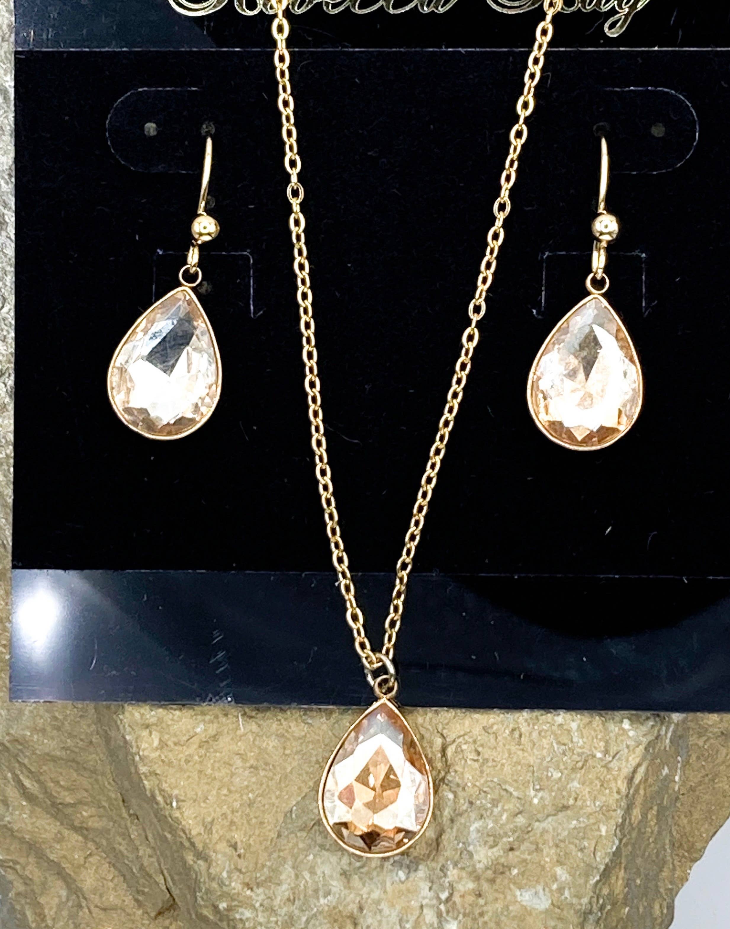 Gold Necklace/ Earring Set with Crystal Teardrops