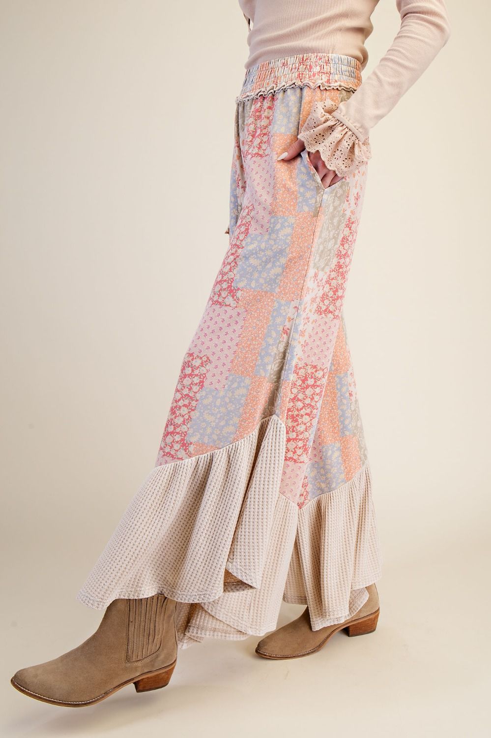 Easel - Patchwork Print w/ waffle knit ruffle