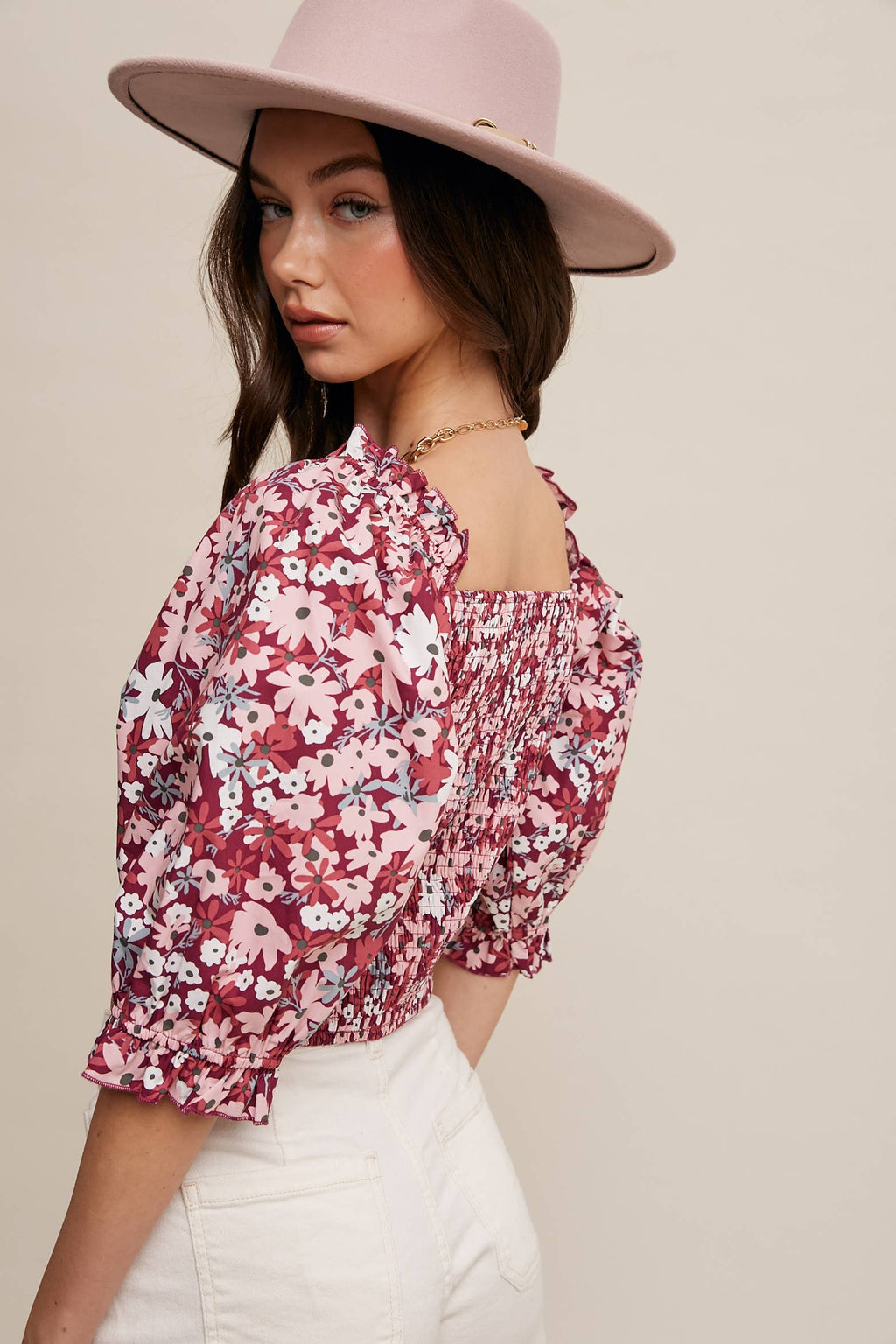Floral Puff Sleeve Smocked Crop Top