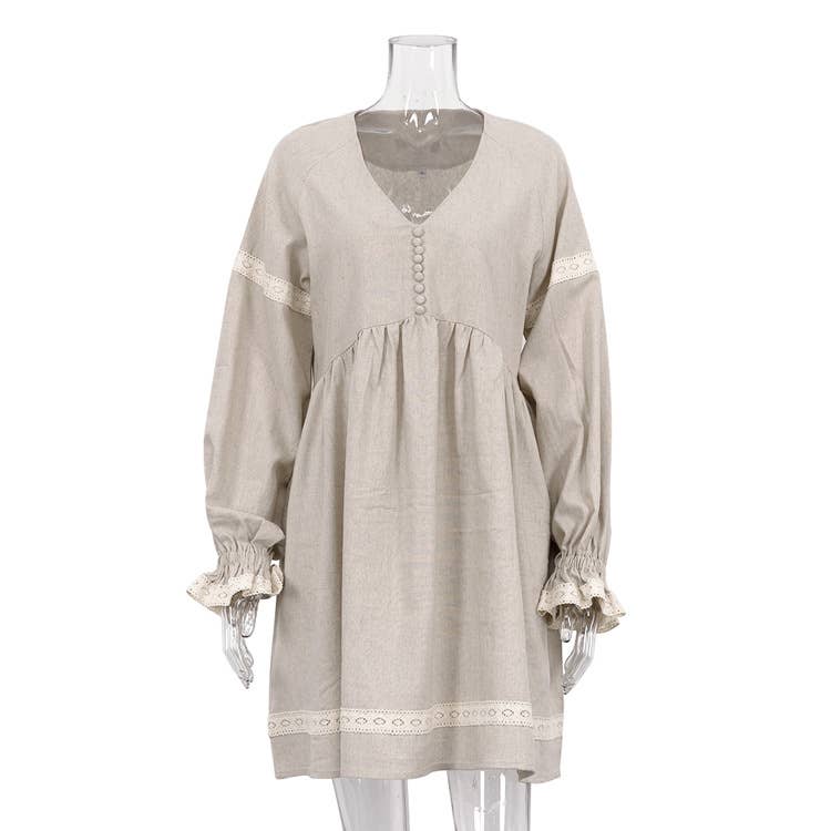 Cotton linen French V-neck lantern sleeve dress