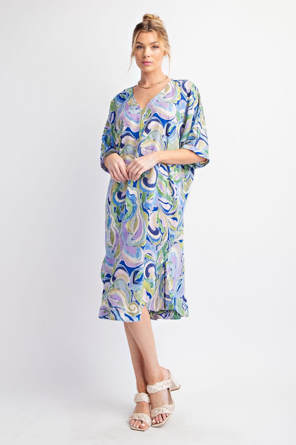 Easel - PRINTED WOOL DOBBY MIDI DRESS Printed Wool Dobby Midi Dress