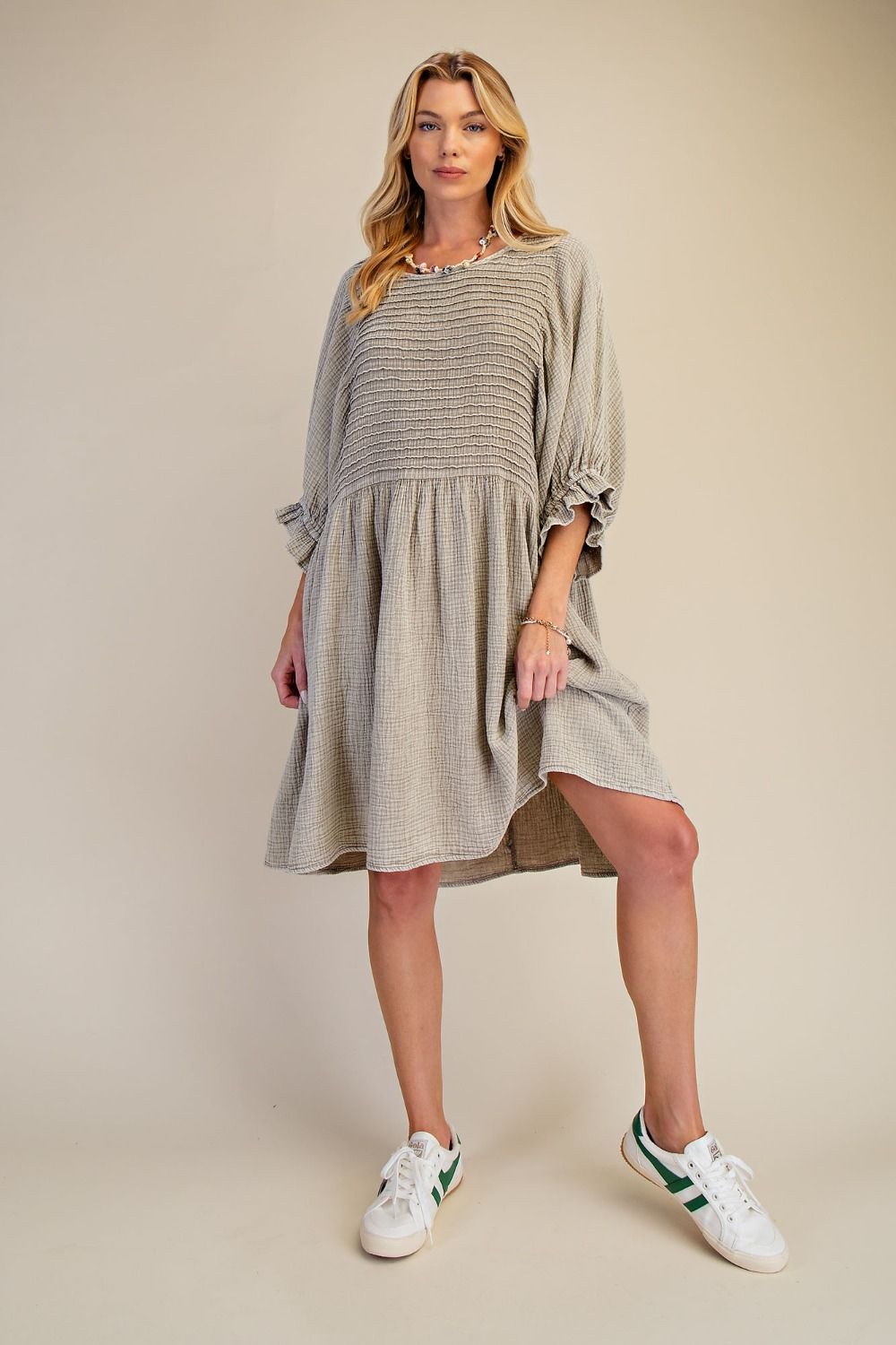 Easel -  PINTUCK MINERAL WASHED COTTON GAUZE MINI DRESS - ED20144