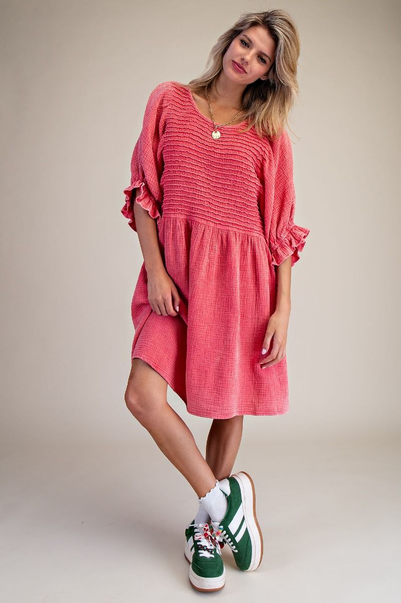 Easel -  PINTUCK MINERAL WASHED COTTON GAUZE MINI DRESS - ED20144
