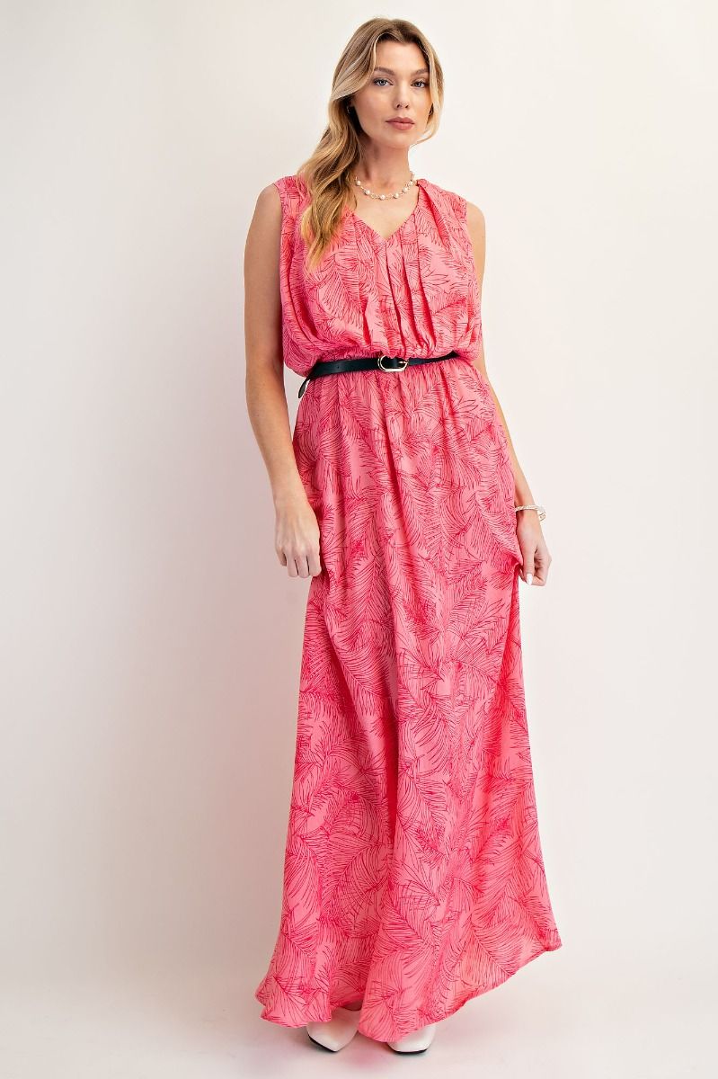 Easel - Leaf Printed Peach Blossom Maxi Dress