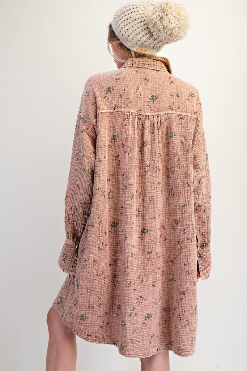 Easel - Printed Cotton Gauze Washed Shirt Dress
