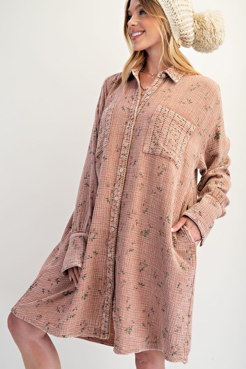 Easel - Printed Cotton Gauze Washed Shirt Dress