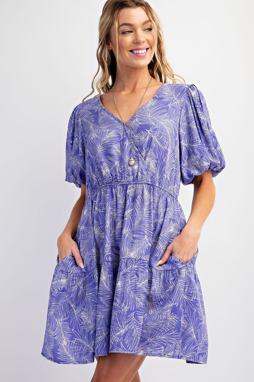Easel - Leaf Print Cotton Poplin Surplice Woven Dress