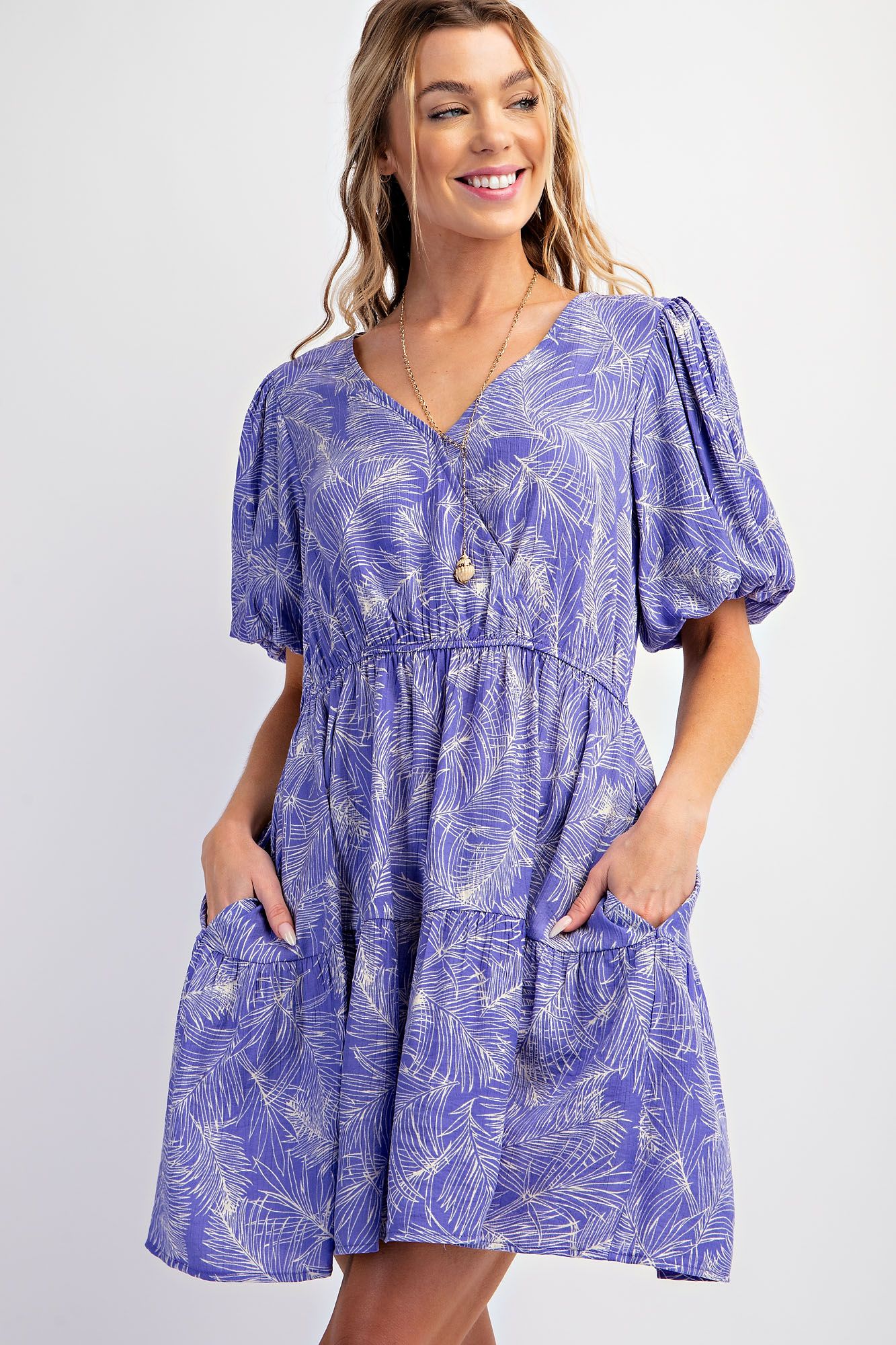 Easel - Leaf Print Cotton Poplin Surplice Woven Dress