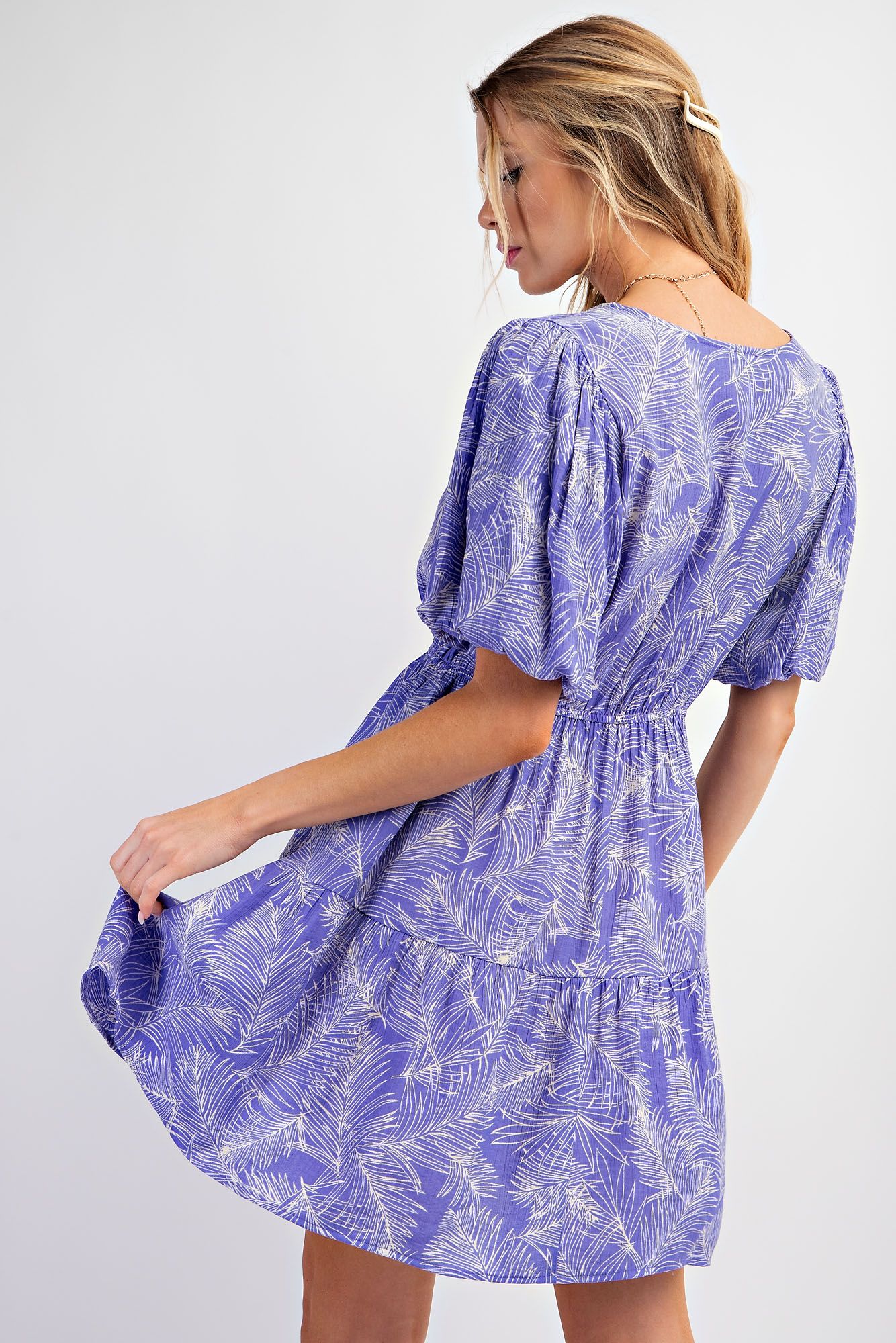 Easel - Leaf Print Cotton Poplin Surplice Woven Dress