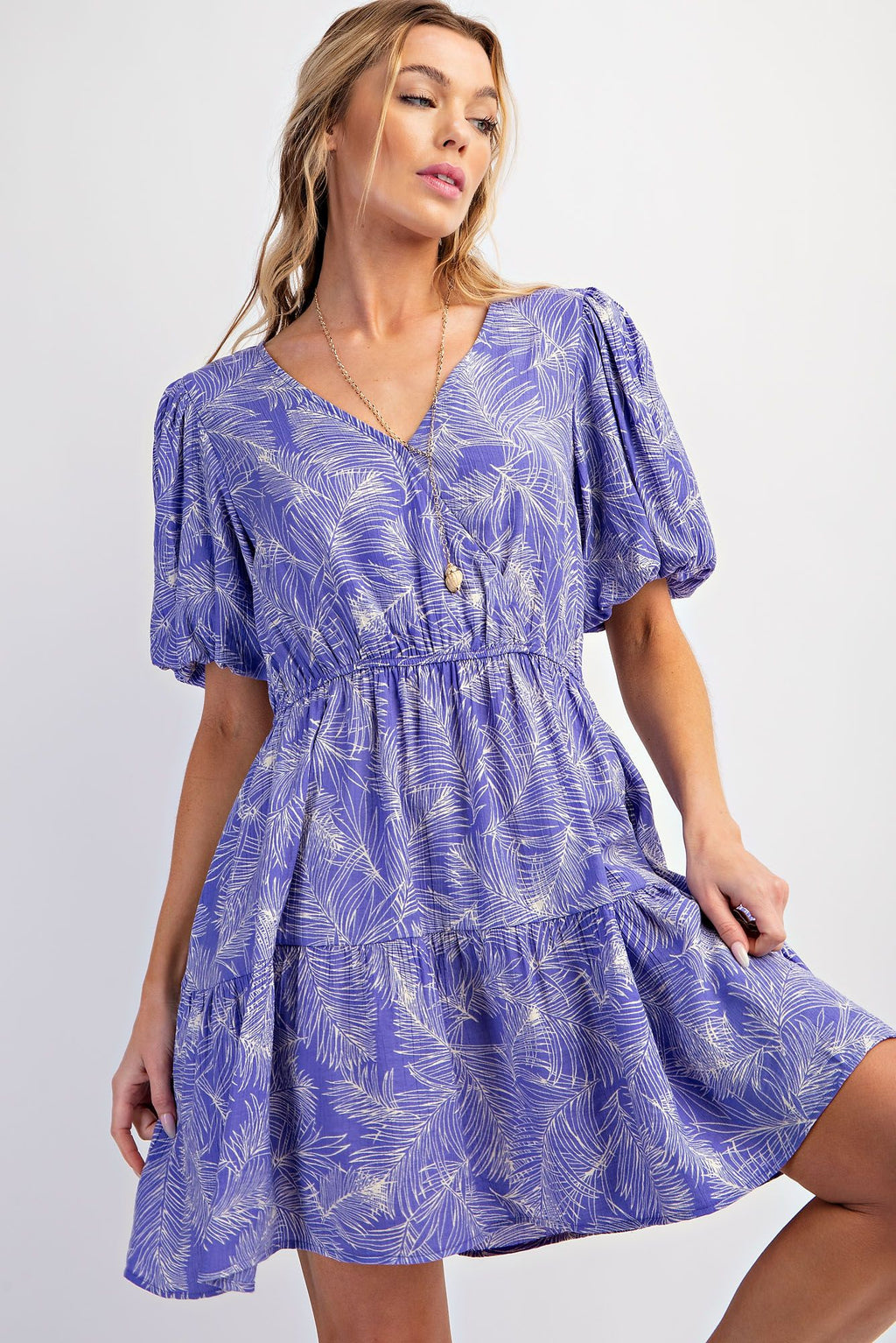 Easel - Leaf Print Cotton Poplin Surplice Woven Dress