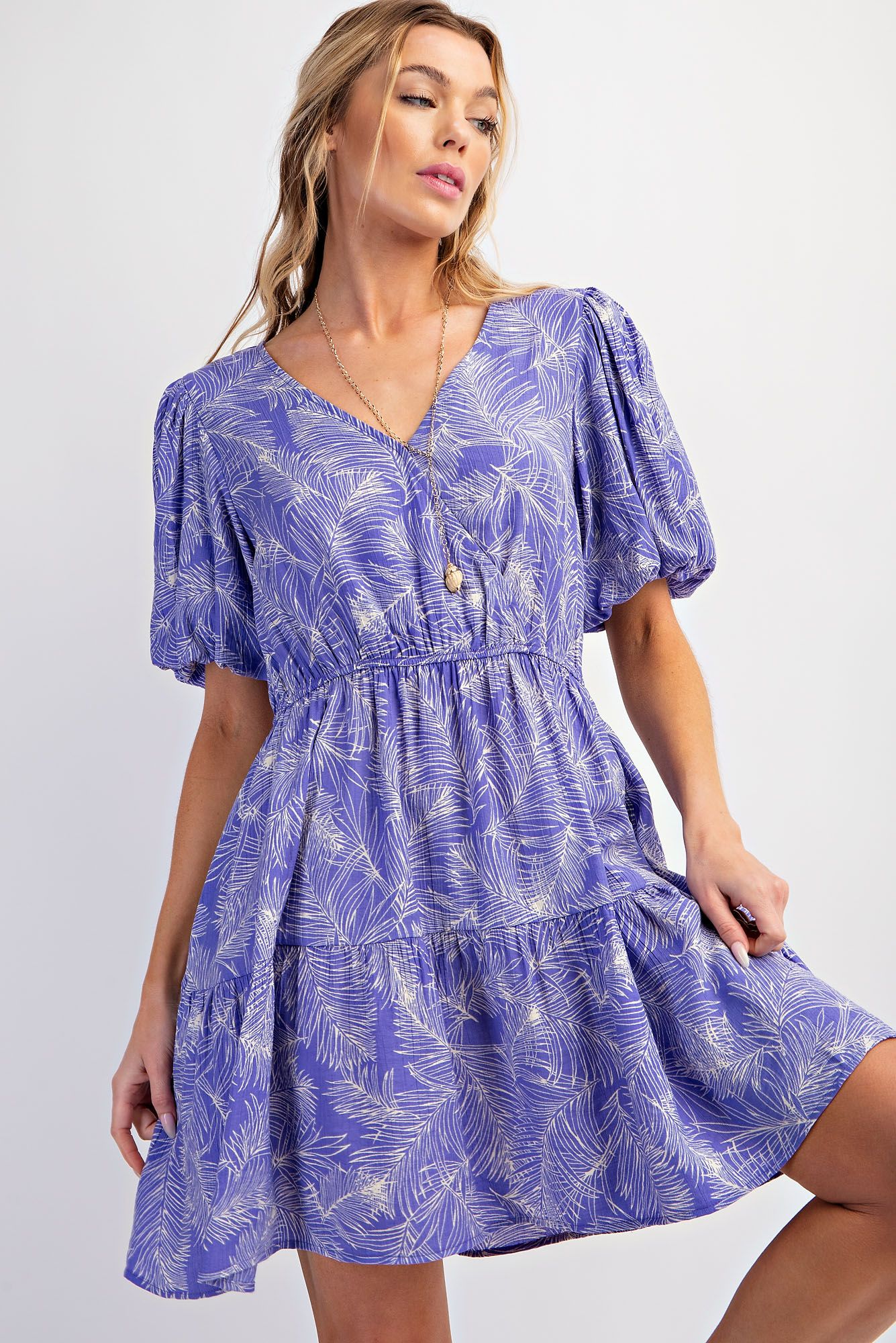 Easel - Leaf Print Cotton Poplin Surplice Woven Dress