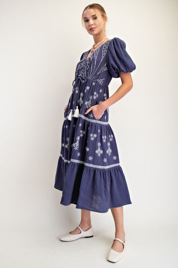 Easel - Bubble Sleeve Embroidered Dress