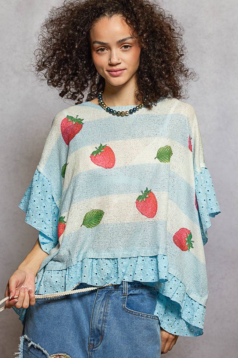 Round Neck Short Sleeve Strawberry Print Ruffle Sweater Top