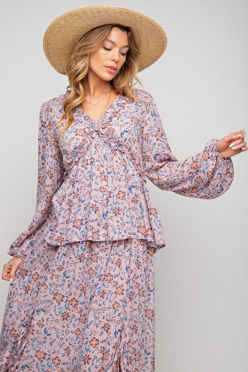 Easel -  Floral Printed Long Sleeve Shirt