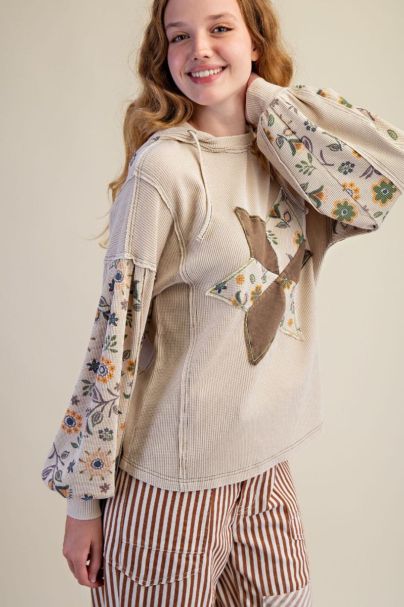 Easel - Floral Patch Thermal Washed Pullover Hoodie