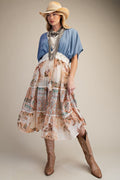 Easel - Plus DENIM MIX PRINT BOTTOM KIMONO