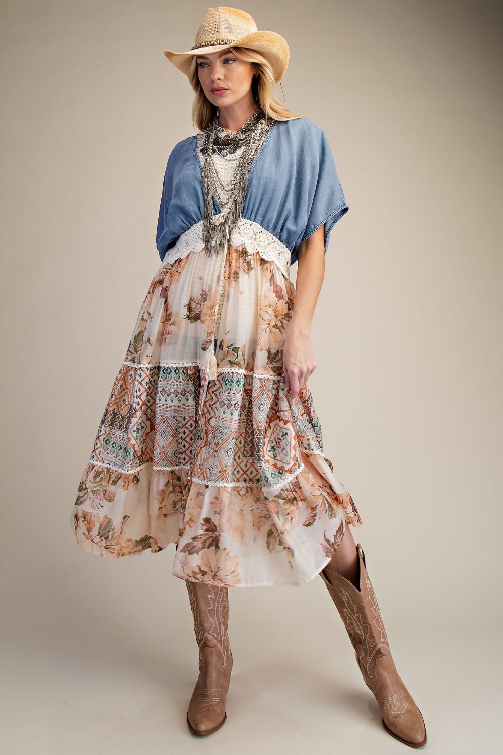 Easel - Plus DENIM MIX PRINT BOTTOM KIMONO