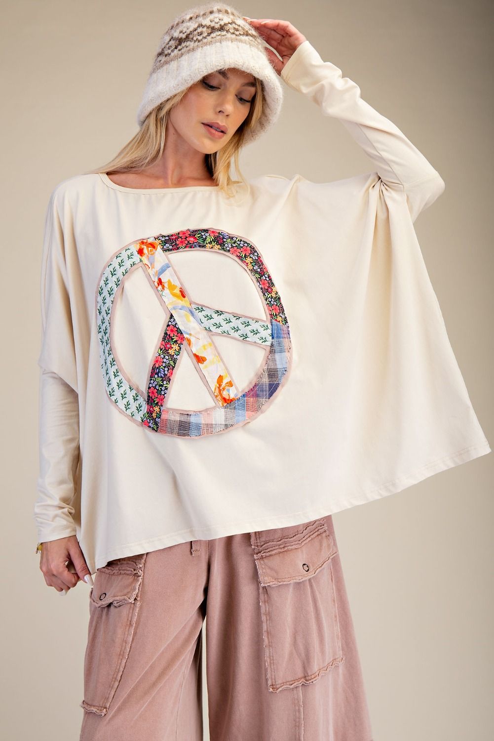 Easel - Dolman Sleeves Peace Patchwork Shirt