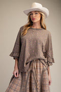 Easel - Ash Mocha Cropped ruffle sleeve shirt