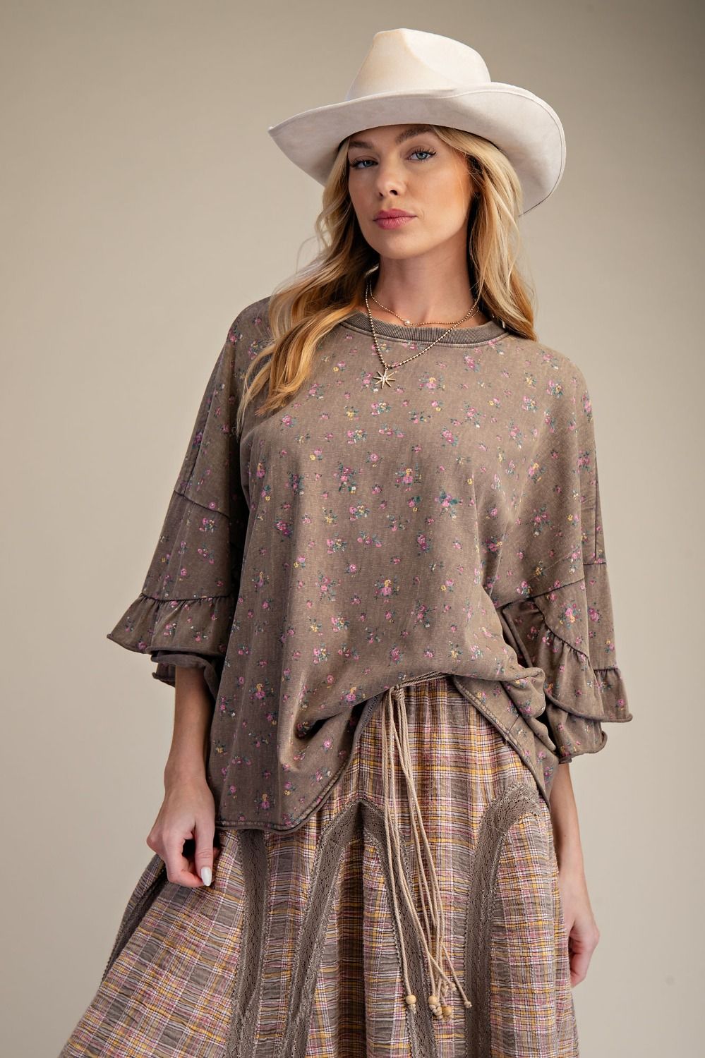 Easel - Ash Mocha Cropped ruffle sleeve shirt