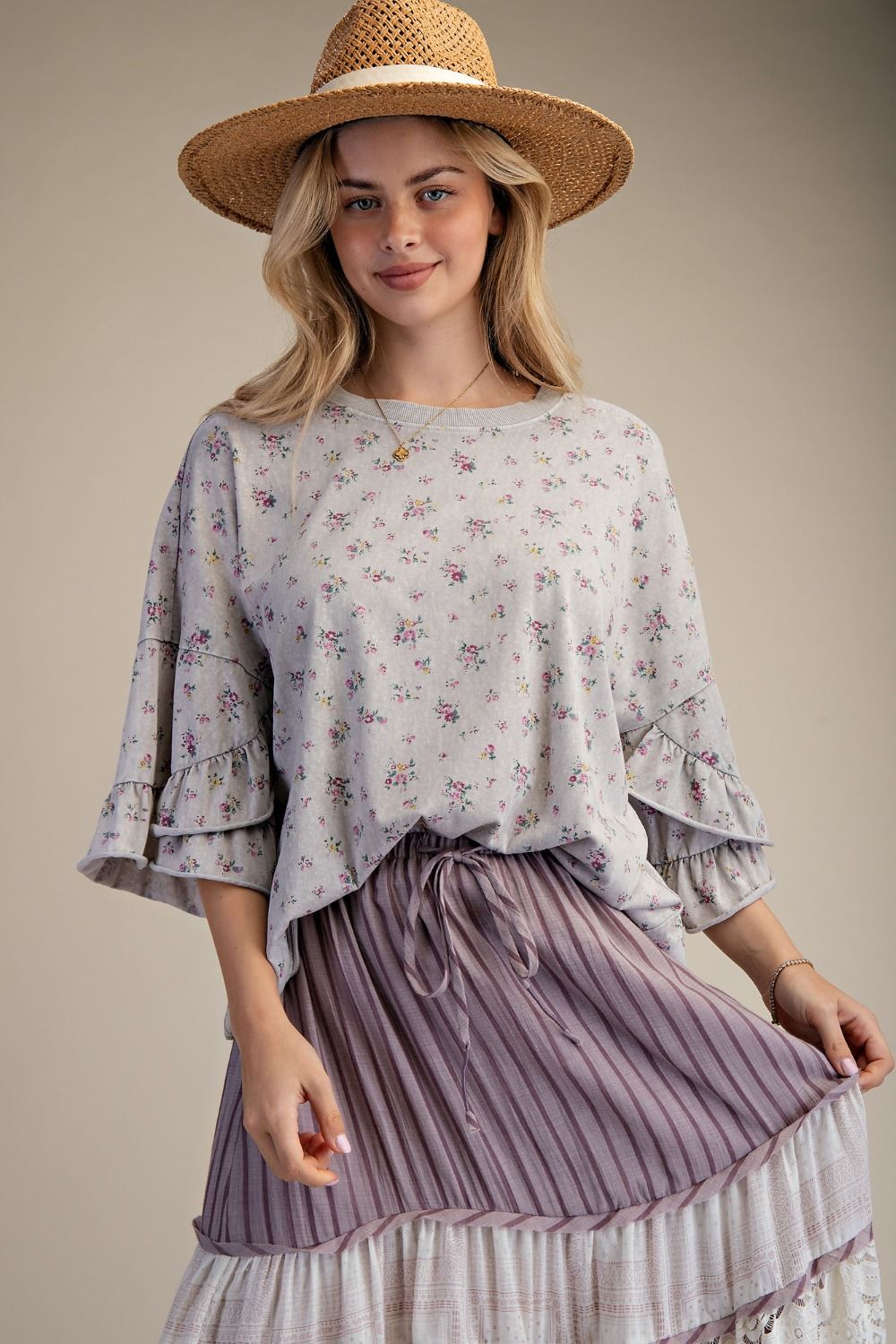 Easel Ruffle Sleeve Printed Cotton Top