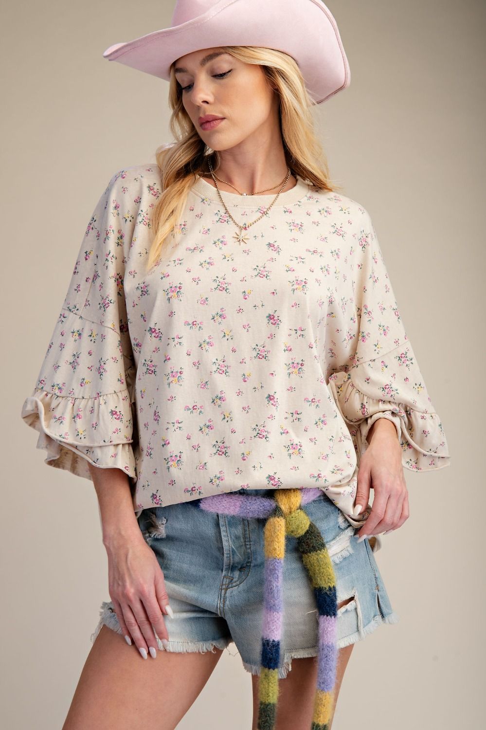 Easel Ruffle Sleeve Printed Cotton Top