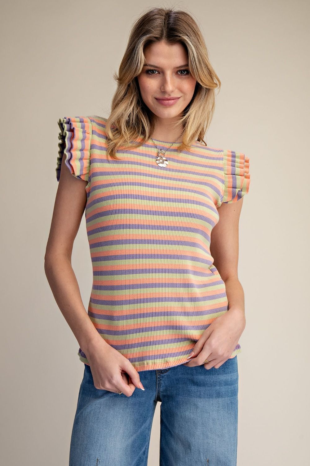 Easel - lilac and coral striped shirt