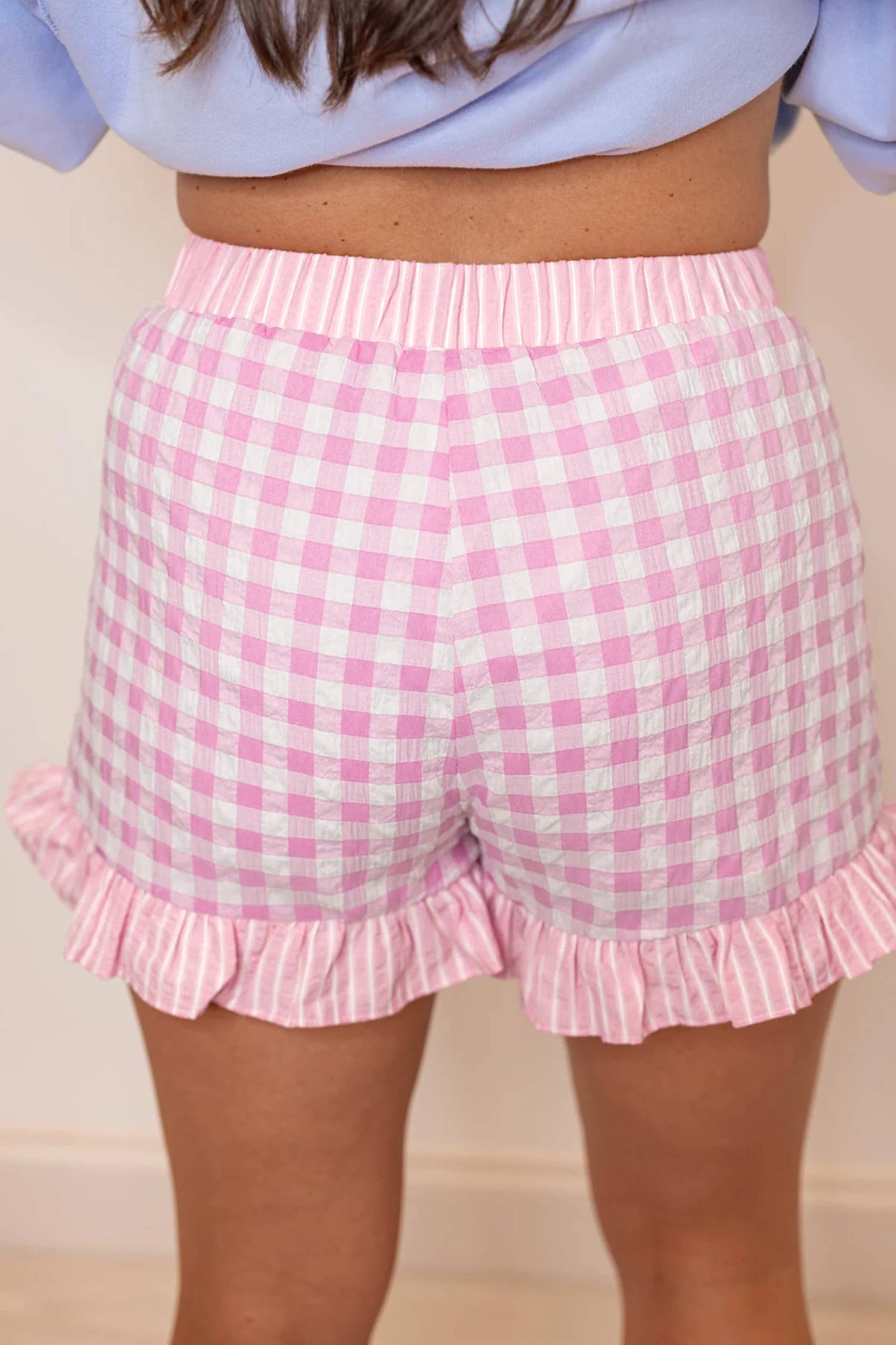 66 Floral Striped Ruffle Hem Lace Tie Shorts (S-XL)