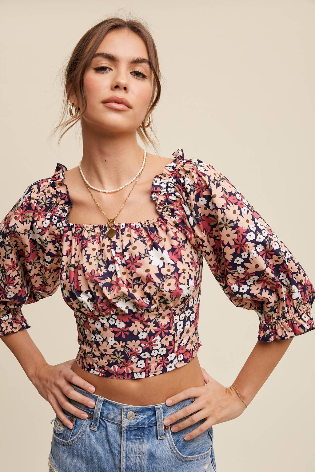 Floral Puff Sleeve Smocked Crop Top