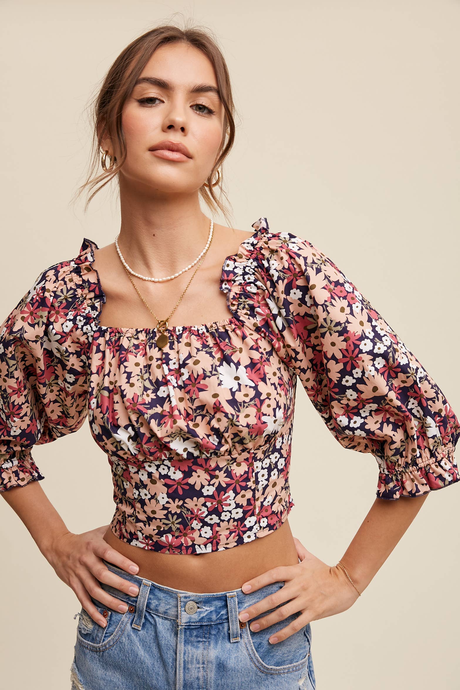 Floral Puff Sleeve Smocked Crop Top