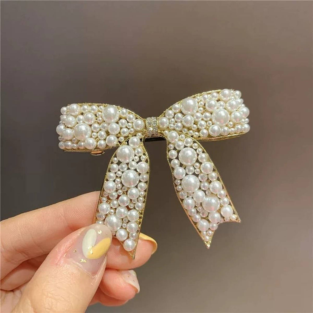 Pearl Bow Hair Clip – 5.5cm Elegant Spring Clip_CWAHA4676