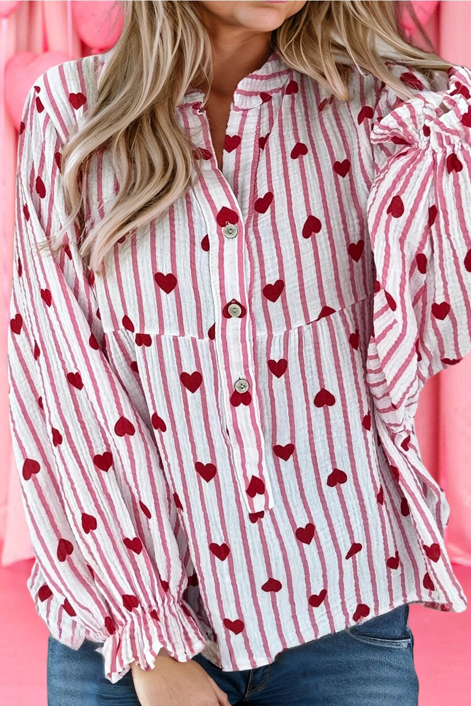Stripe Cotton Gauze Heart Print Flounce Sleeve Shirt