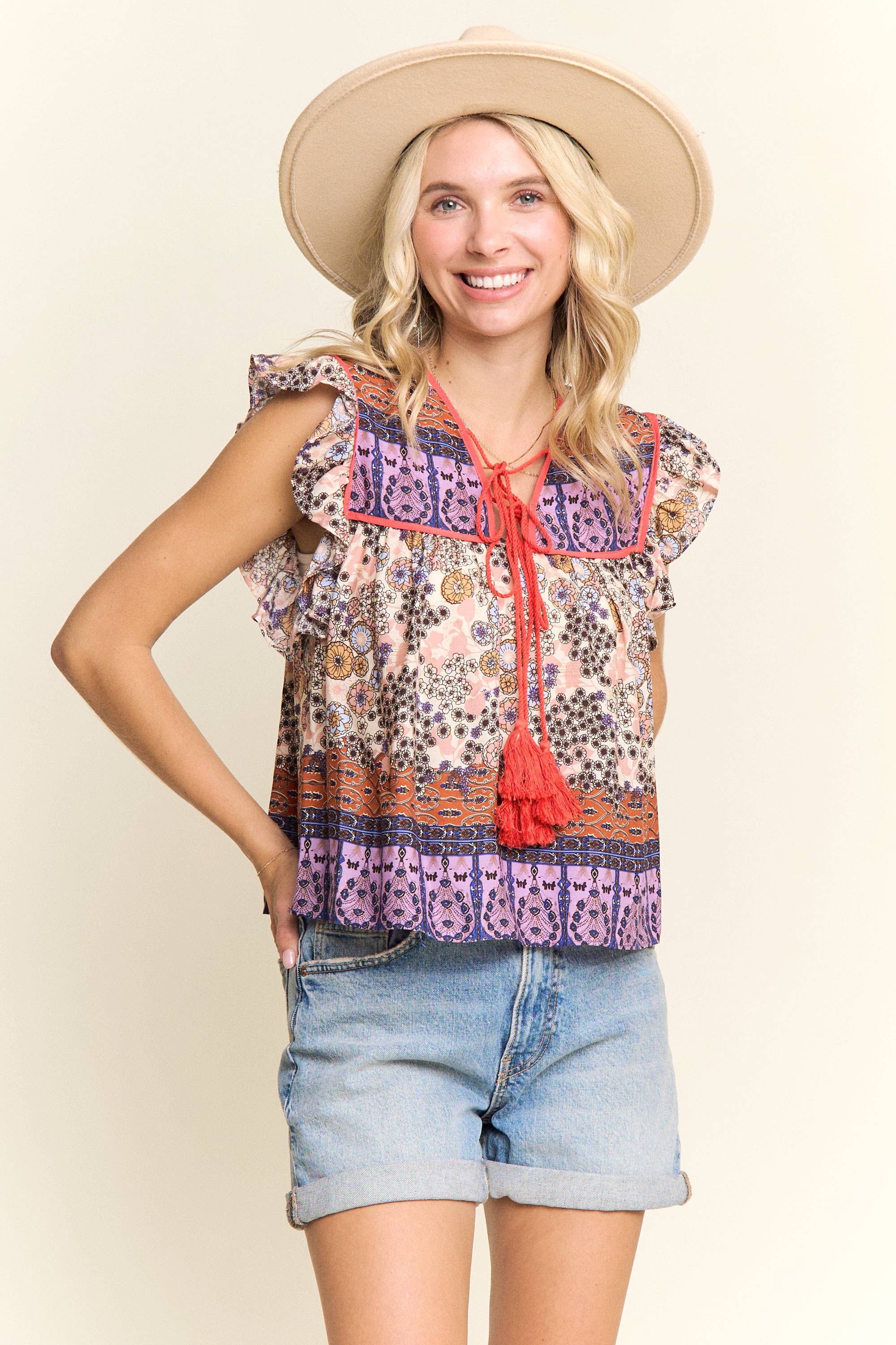 BOHO CONTRAST PRINT BLOUSE- LET2729