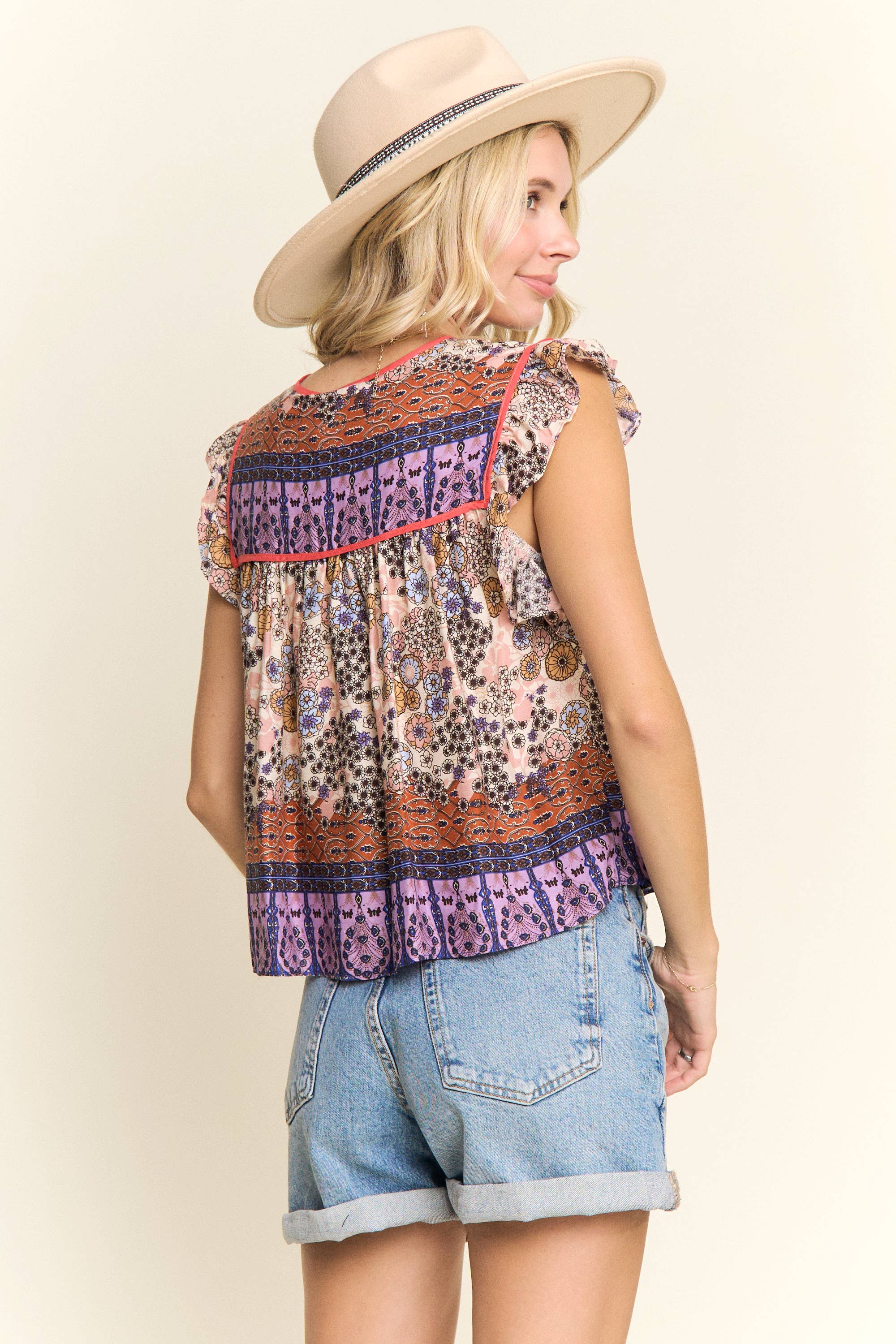 BOHO CONTRAST PRINT BLOUSE- LET2729